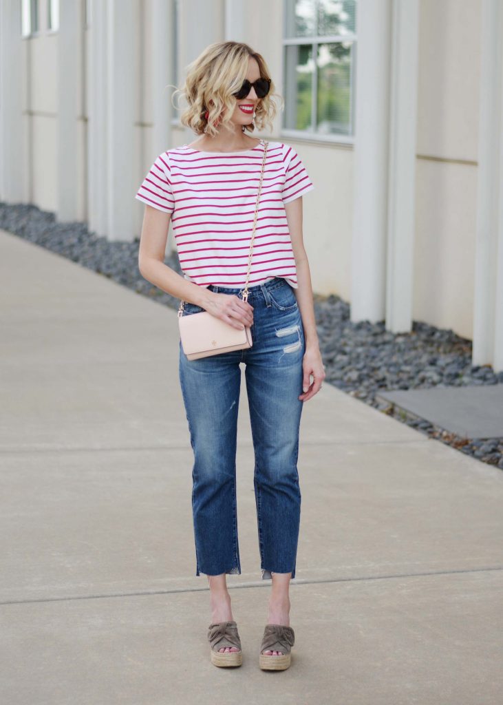 Easy 4th of July Outfit Idea, red and white striped top, red lipstick, AG straight leg Phoebe jeans, espadrille wedges