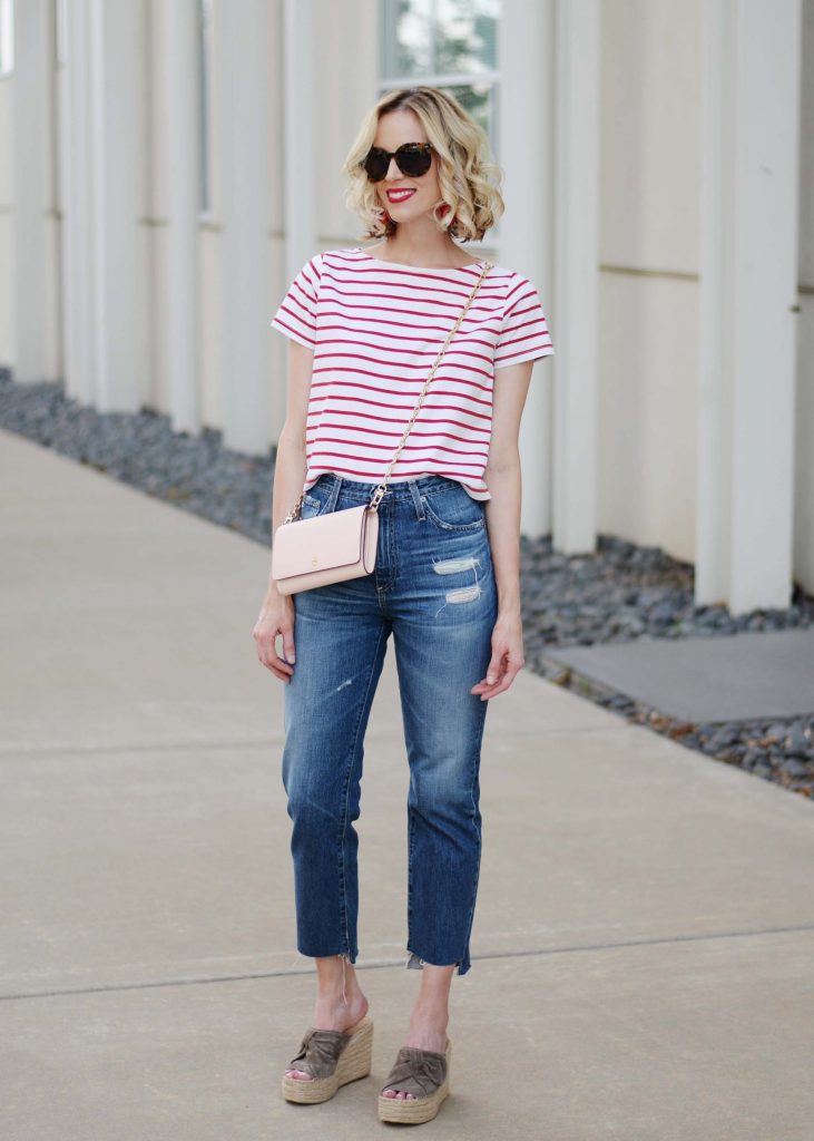 Easy 4th of July Outfit Idea, red and white striped top, red lipstick, AG straight leg Phoebe jeans, espadrille wedges