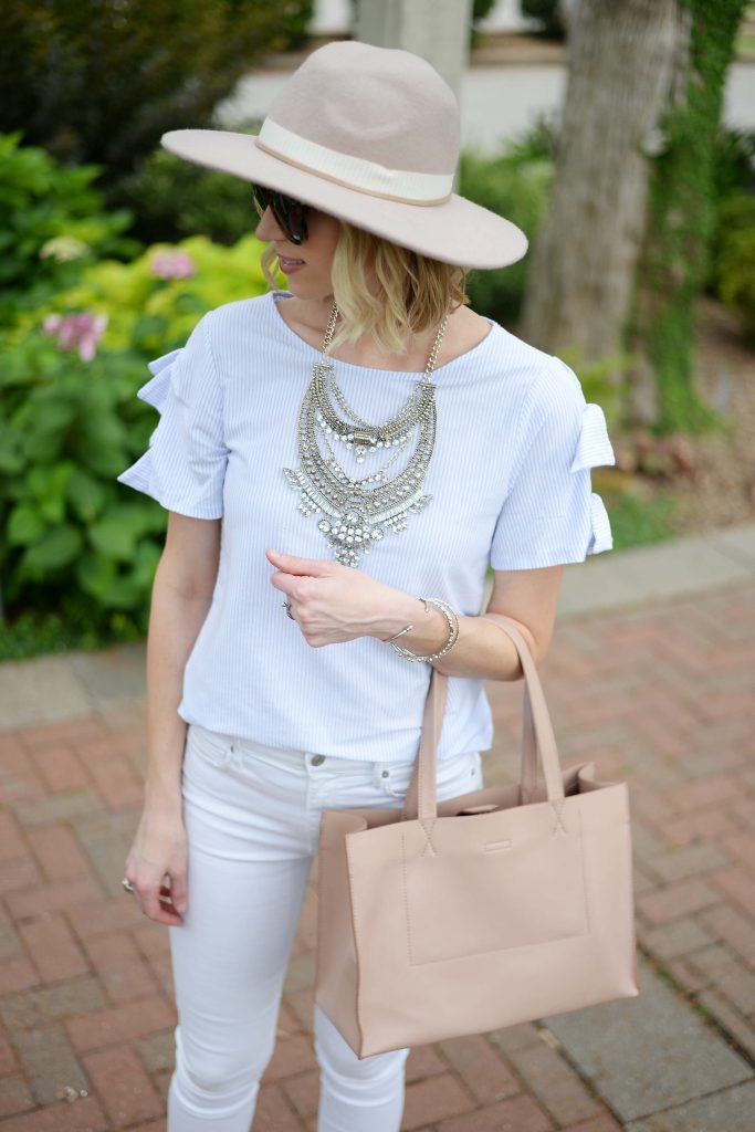 how to style a silver bib necklace, white jeans, espadrille wedges, tie tee shirt, casual outfit idea