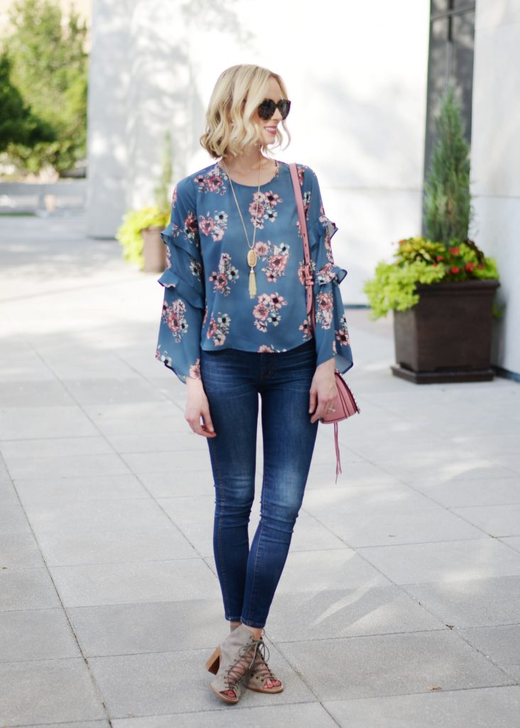 Nordstrom anniversary sale 2017 picks, lush floral top, jeans, Jeffrey Campbell cors booties