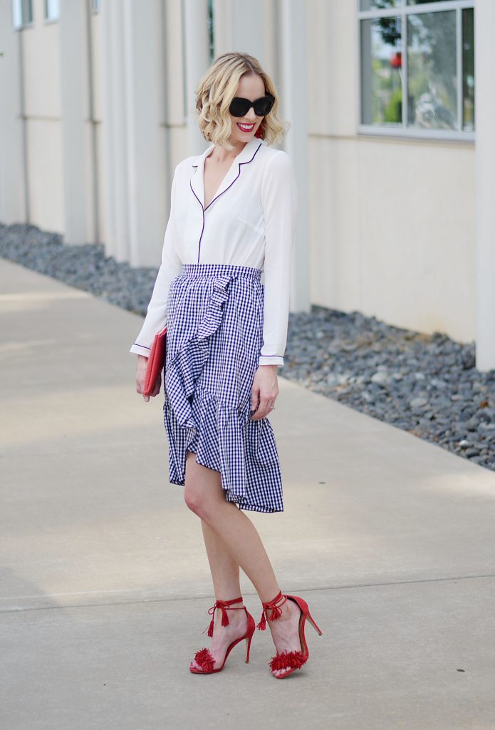 5 Easy Ways to Style a Pajama Top, pj top trend, how to style a pj top, gingham skirt