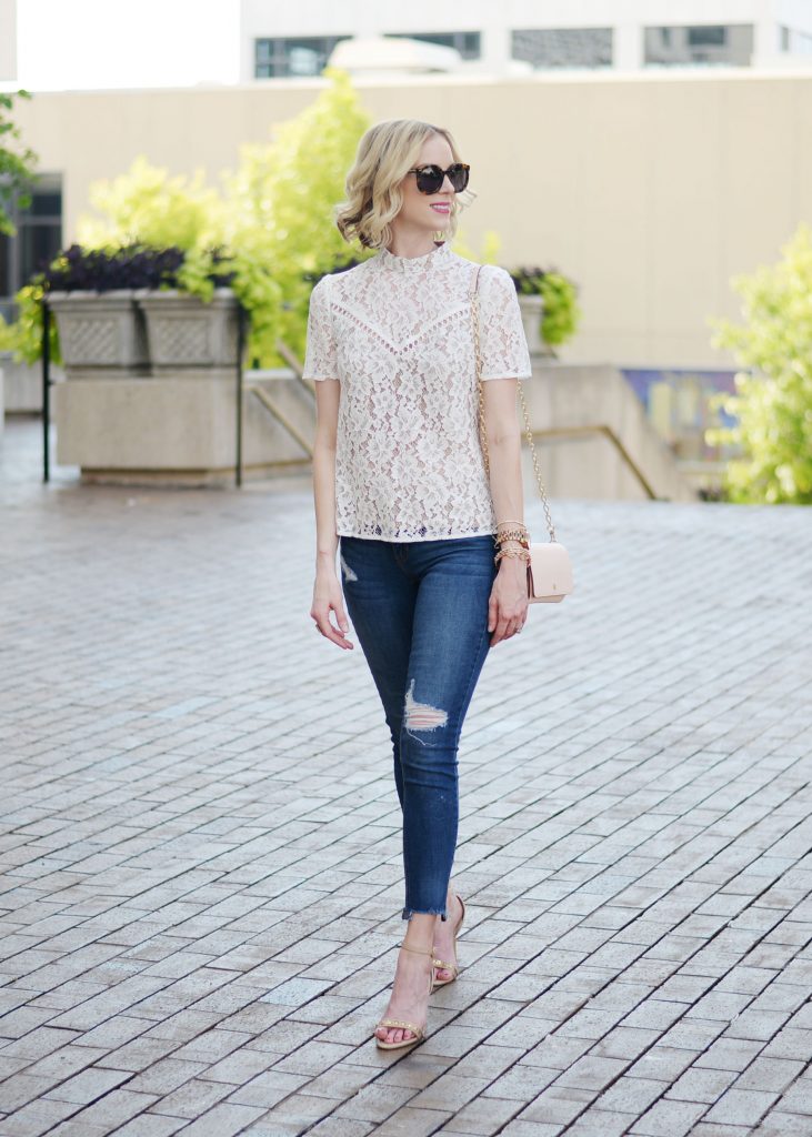 WAYF lace top, distressed jeans, Nordstrom anniversary sale 2017