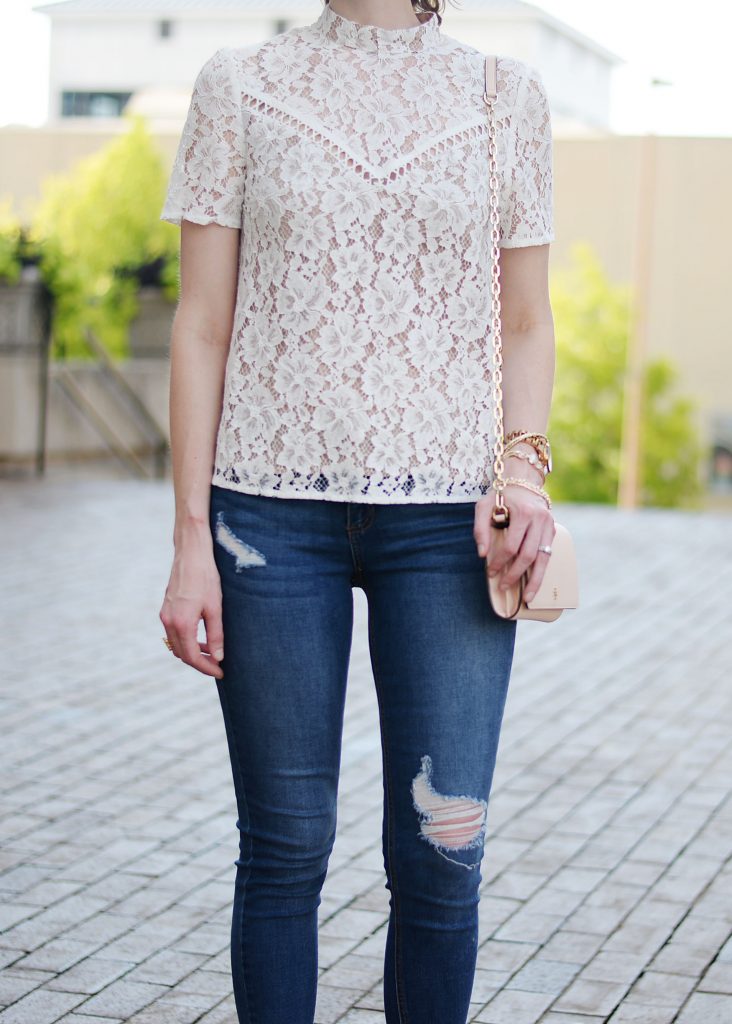 WAYF lace top, distressed skinny jeans, Nordstrom anniversary sale picks 2017