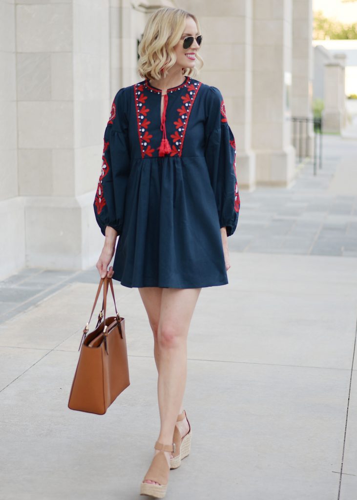 navy mini dress with red embroidery