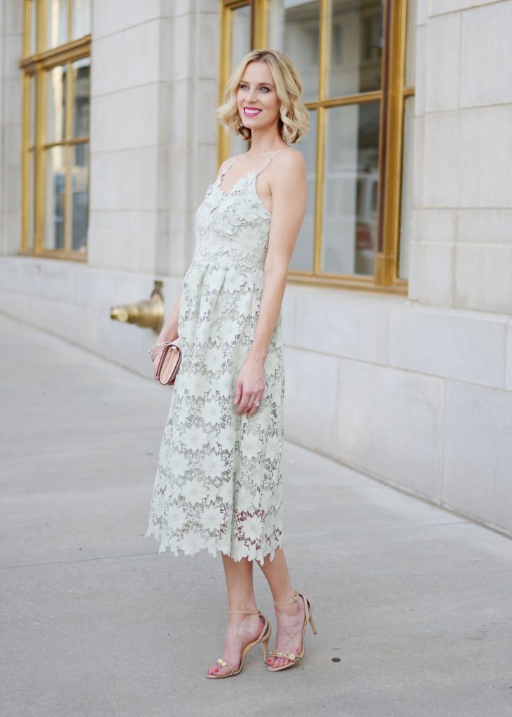 mint lace dress, pink clutch, nude heeled sandals