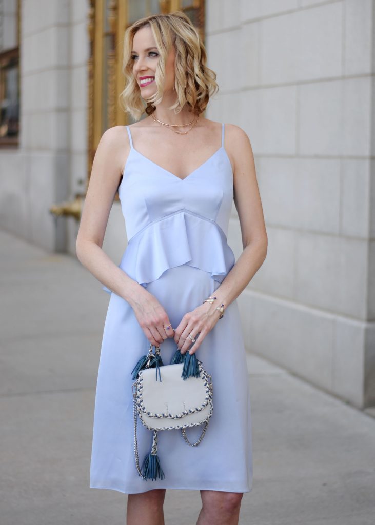unique peplum waist dress, baby blue, dressy dress, event outfit, Rebecca minkoff tassel bag