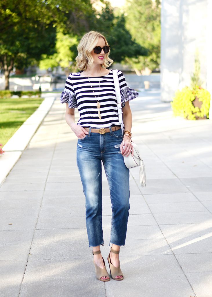 how to build a mom friendly wardrobe without sacrificing style, AG Phoebe straight leg jeans, striped t-shirt with gingham ruffle, Marc Fisher vida ankle strap sandal, gucci belt