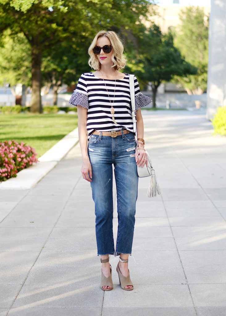 how to build a mom friendly wardrobe without sacrificing style, AG Phoebe straight leg jeans, striped t-shirt with gingham ruffle, Marc Fisher vida ankle strap sandal, gucci belt