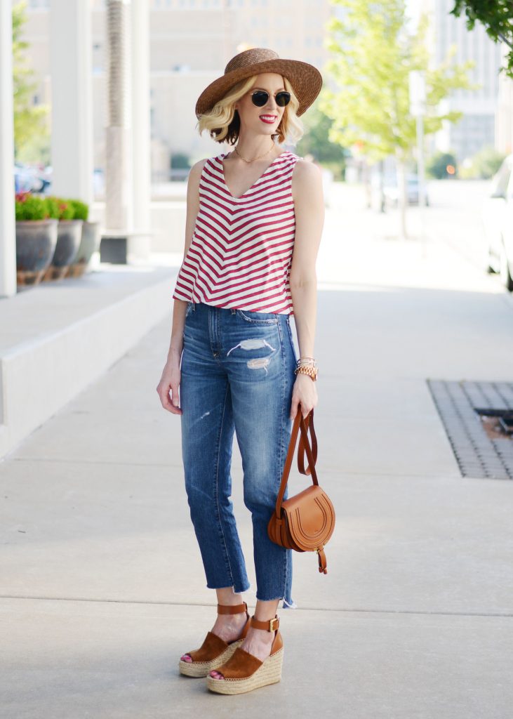 high waisted jeans, straight leg jeans, AG Phoebe jeans, striped tank, Chloe mini Marcie bag, summer outfit idea, Marc Fisher Adalyn wedges, straw hat