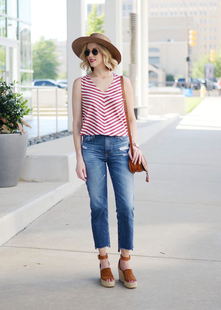 high waisted jeans, straight leg jeans, AG Phoebe jeans, striped tank, Chloe mini Marcie bag, summer outfit idea, Marc Fisher Adalyn wedges, straw hat