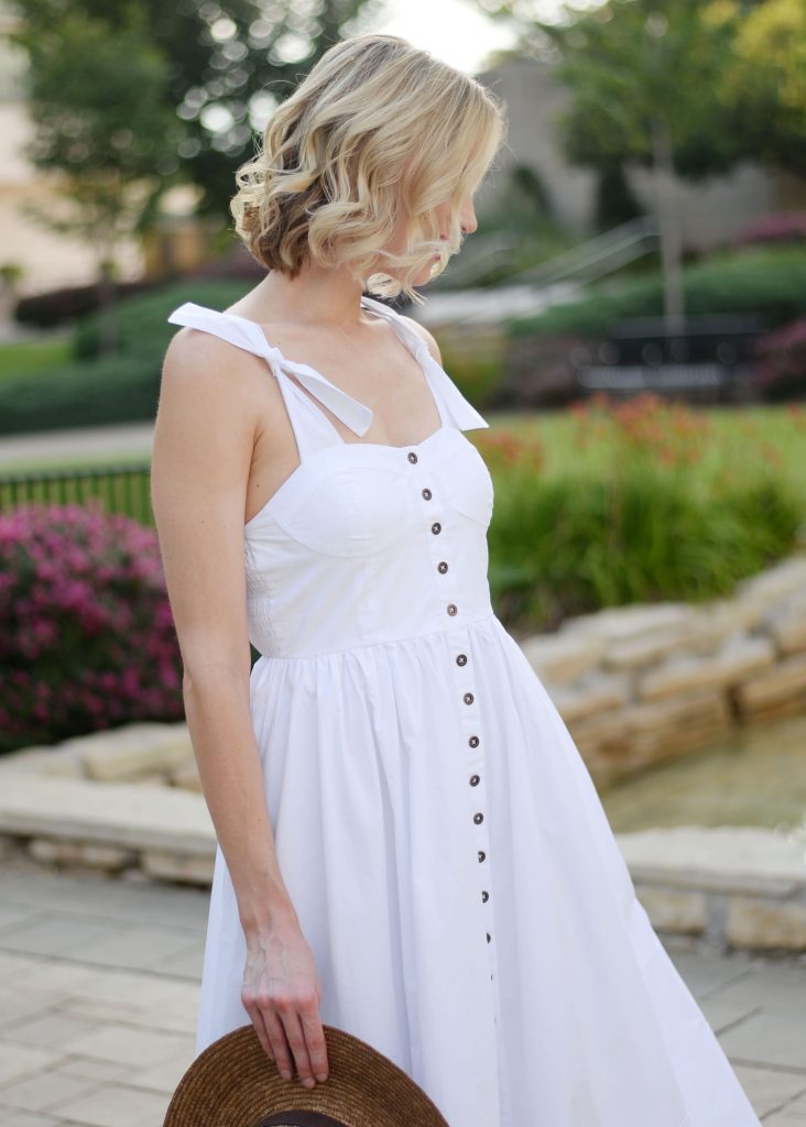 sleeveless white midi dress, cami dress, button front dress, tie straps, bow mules, straw hat