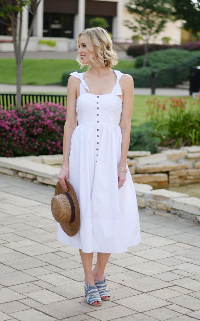 sleeveless white midi dress, cami dress, button front dress, tie straps, bow mules, straw hat