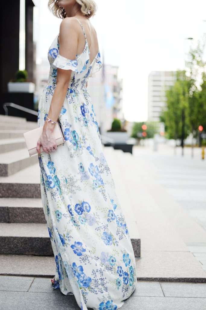 a dress worthy of date night, amanda uprichard wren floral dress, long floral maxi dress, date night outfit idea, blonde lob