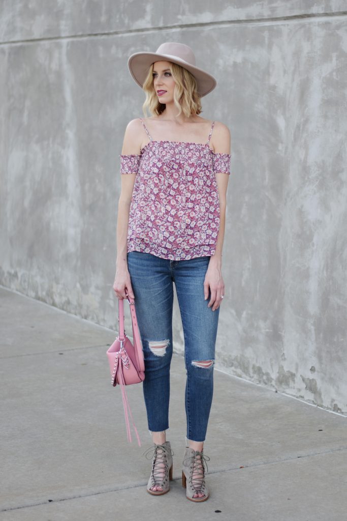 rebecca minkoff off the shoulder top, distressed jeans, jeffrey campbell cors booties, hat, weekend casual