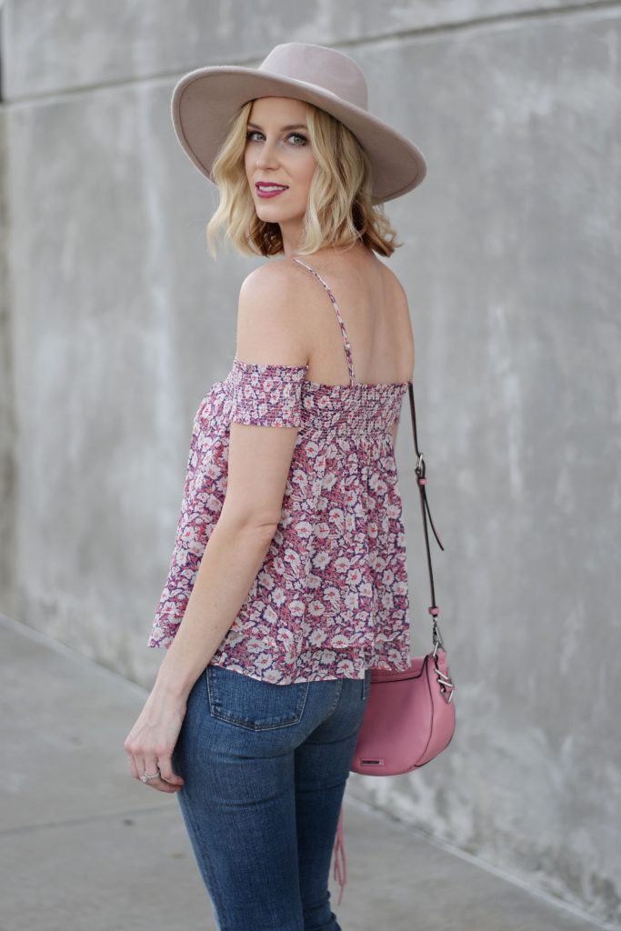 rebecca minkoff off the shoulder top, distressed jeans, jeffrey campbell cors booties, hat, weekend casual
