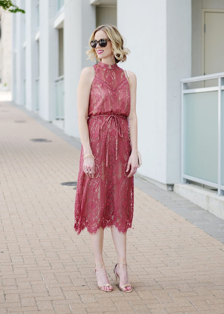 berry colored lace midi dress and heels