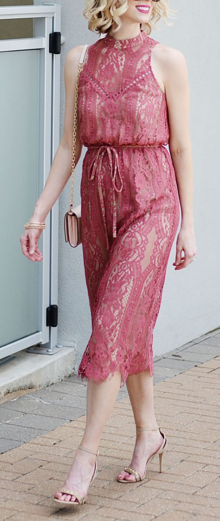 lace midi dress with berry overlay and nude backing