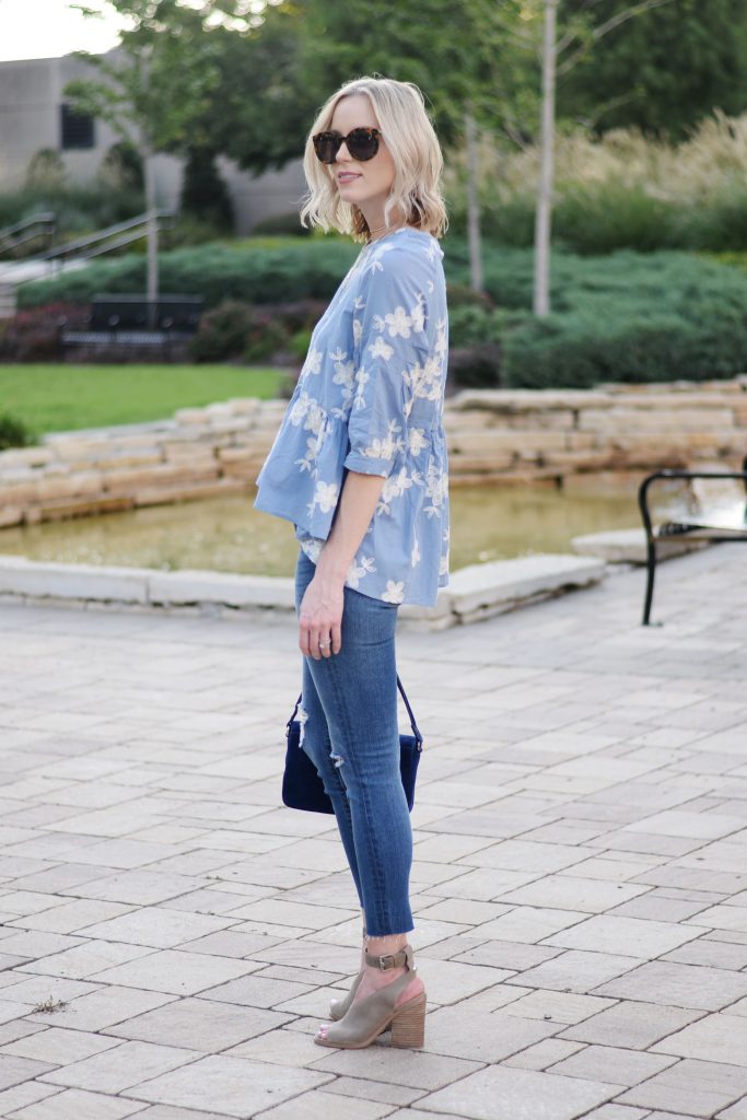 hi low hem peplum top with embroidery, jeans, marc fisher vida sandals, madewell cropped denim, fall outfit idea inspiration