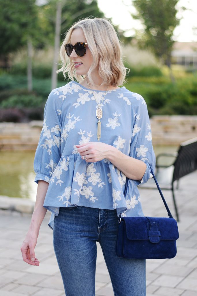 hi low hem peplum top with embroidery, jeans, marc fisher vida sandals, madewell cropped denim, fall outfit idea inspiration