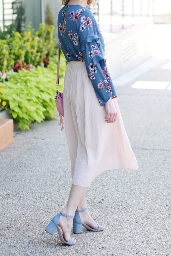 blush midi skirt with ruffle sleeve floral blouse, blue and pink, how to make the most out of your closet, how to wear a midi skirt