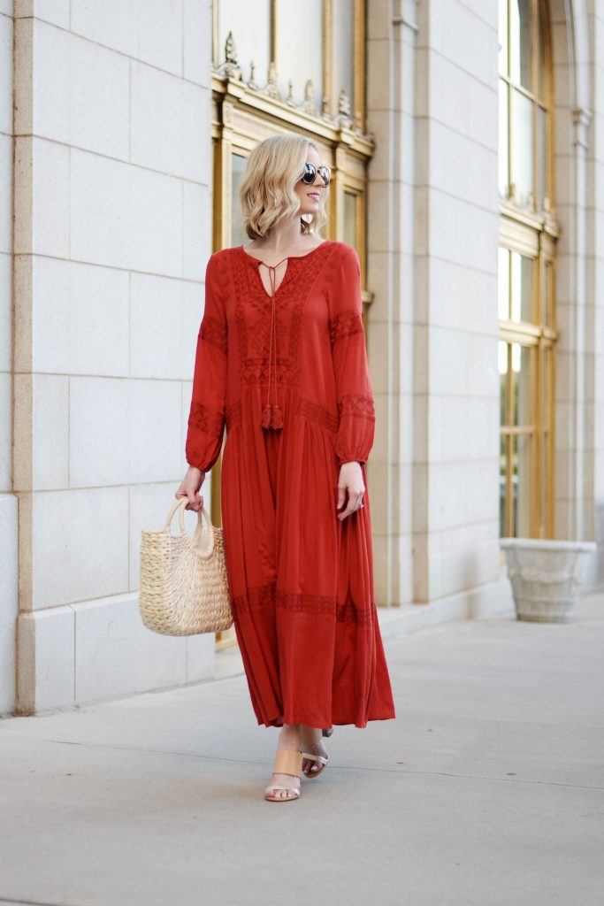 boho red maxi dress and straw bag