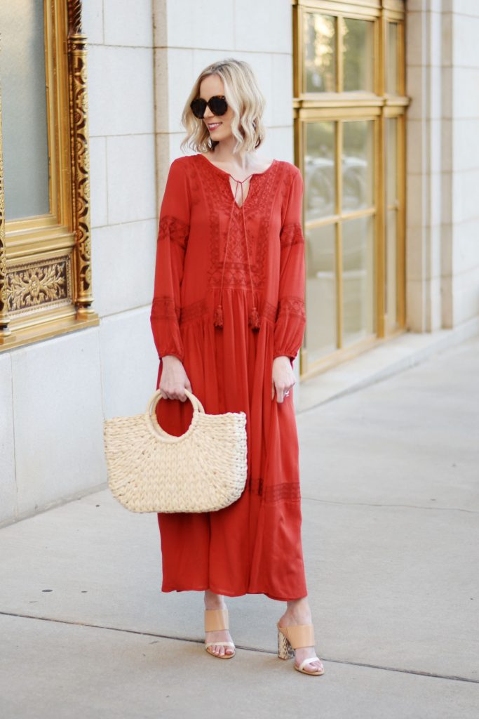 boho red maxi dress and straw bag