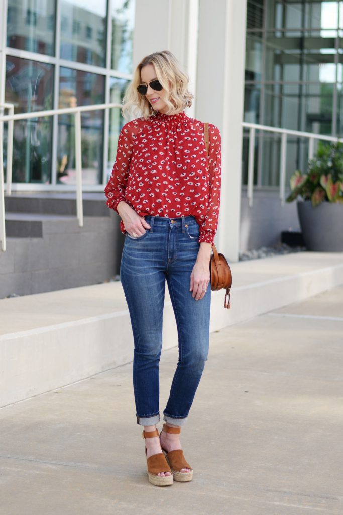 Finding Your Shade of Red, straight leg denim, deep red floral blouse, cognac accessories, madewell jeans, madewell fall 2017