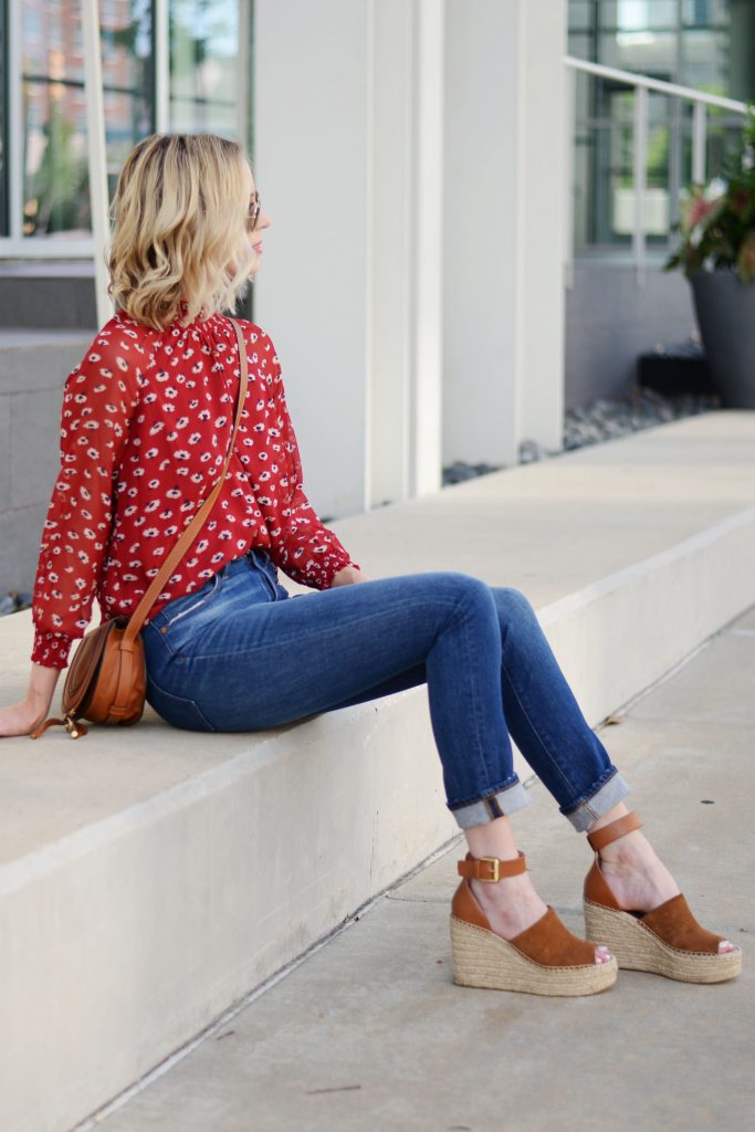 Finding Your Shade of Red, straight leg denim, deep red floral blouse, cognac accessories, madewell jeans, madewell fall 2017