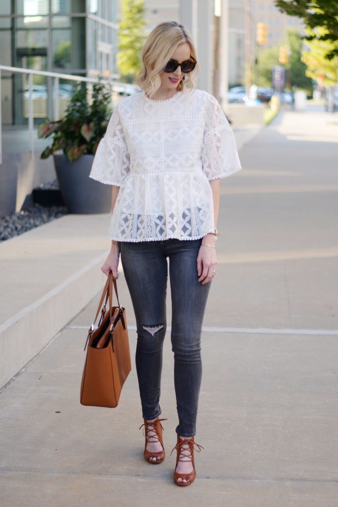 grey jeans, white peplum top, cognac bag and shoes, jeffrey cambpell rayos dupe