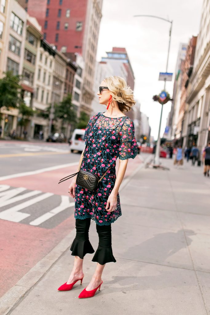 embroidered side slit tunic and crop flare pants with red mule heels, new york street style photos, what to wear to nyfw