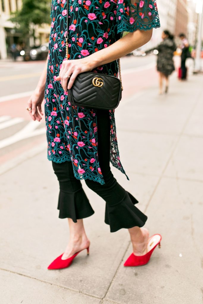embroidered side slit tunic and crop flare pants with red mule heels, gucci marmont bag