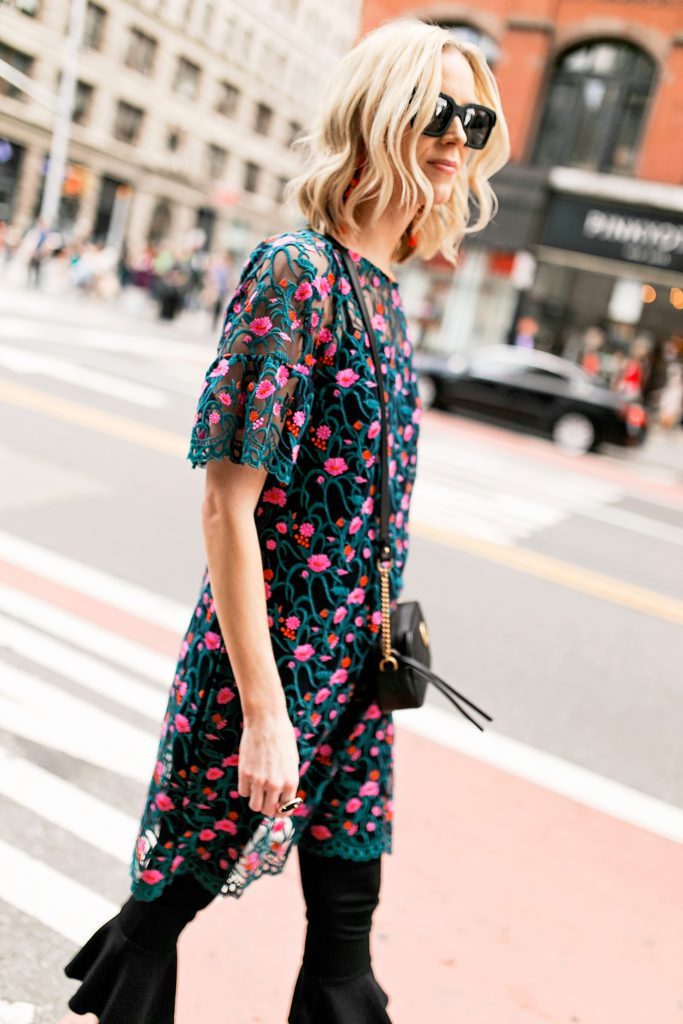 embroidered sheer floral side slit tunic and crop flare pants with gucci marmont bag, black sunglasses, new york street style