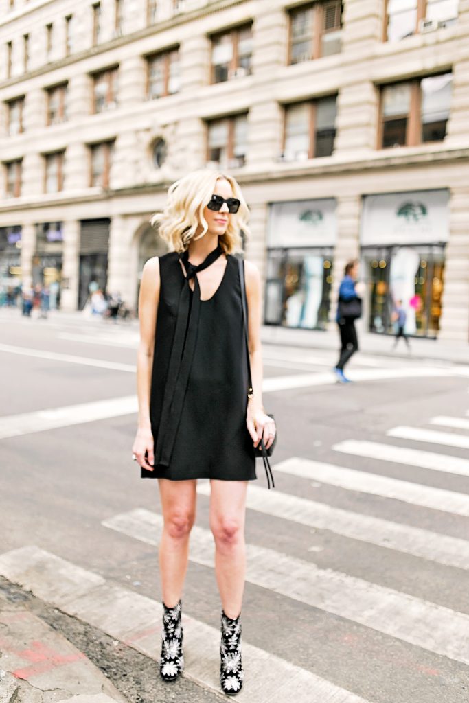 black tie neck mini dress with embellished boots, street style fashion