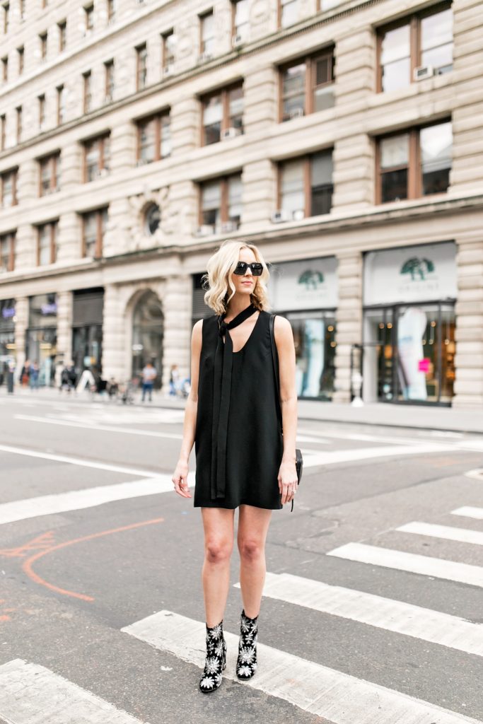 what to wear to fashion week, all black outfit, black dress with ankle boots