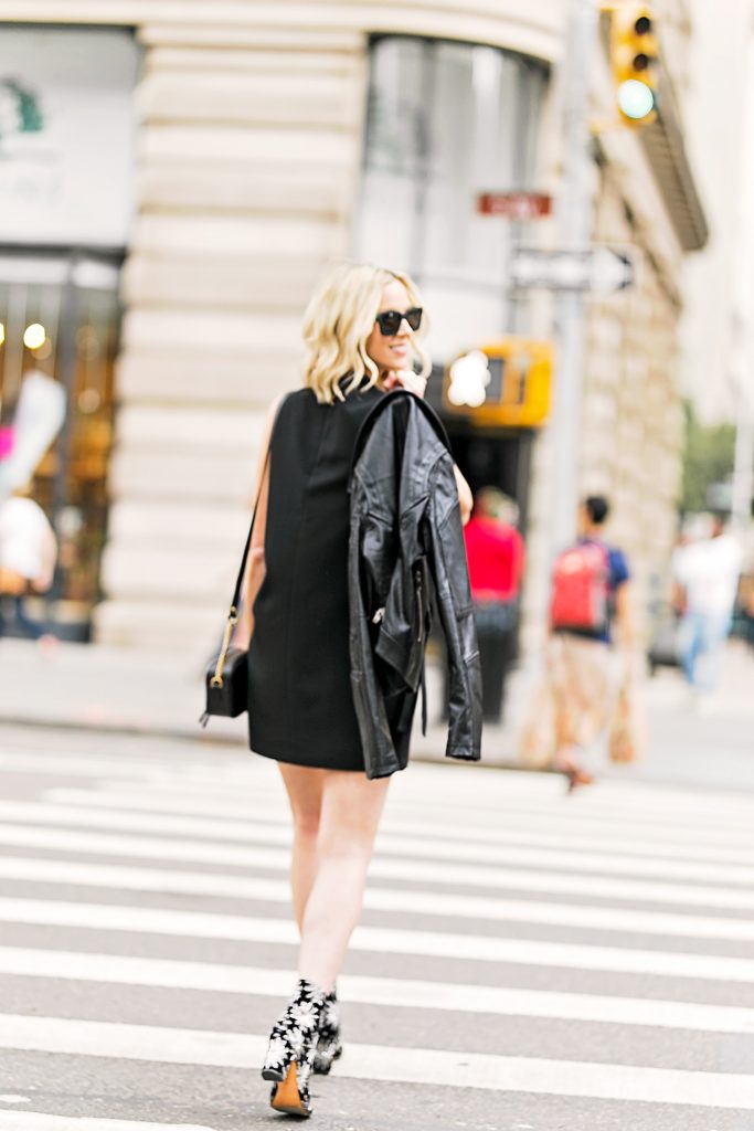 street style, black dress, gucci marmont bag, ankle boots