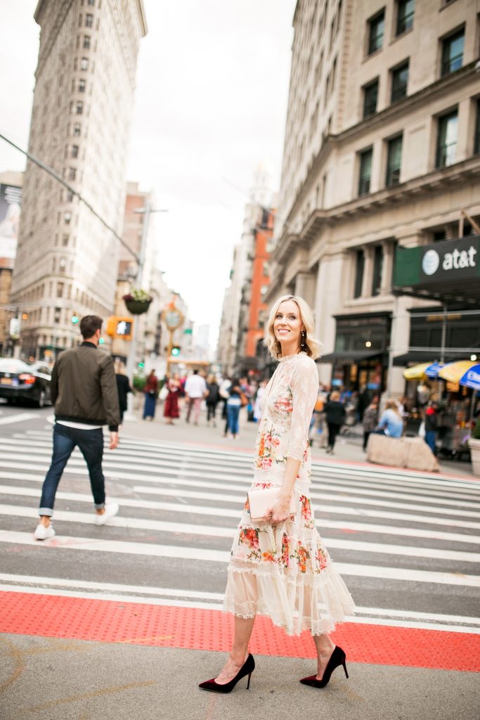 new york fashion week rewardstyle party outfit, floral and lace midi dress