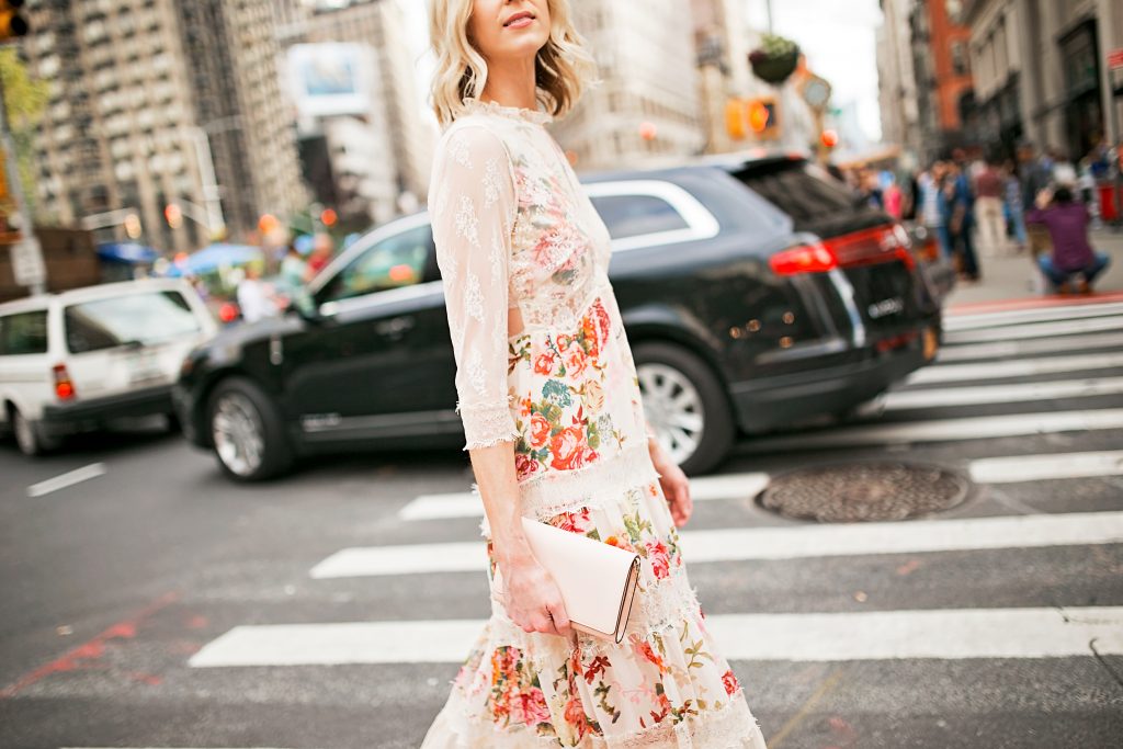 floral and lace dress with long sleeve sheer sleeves