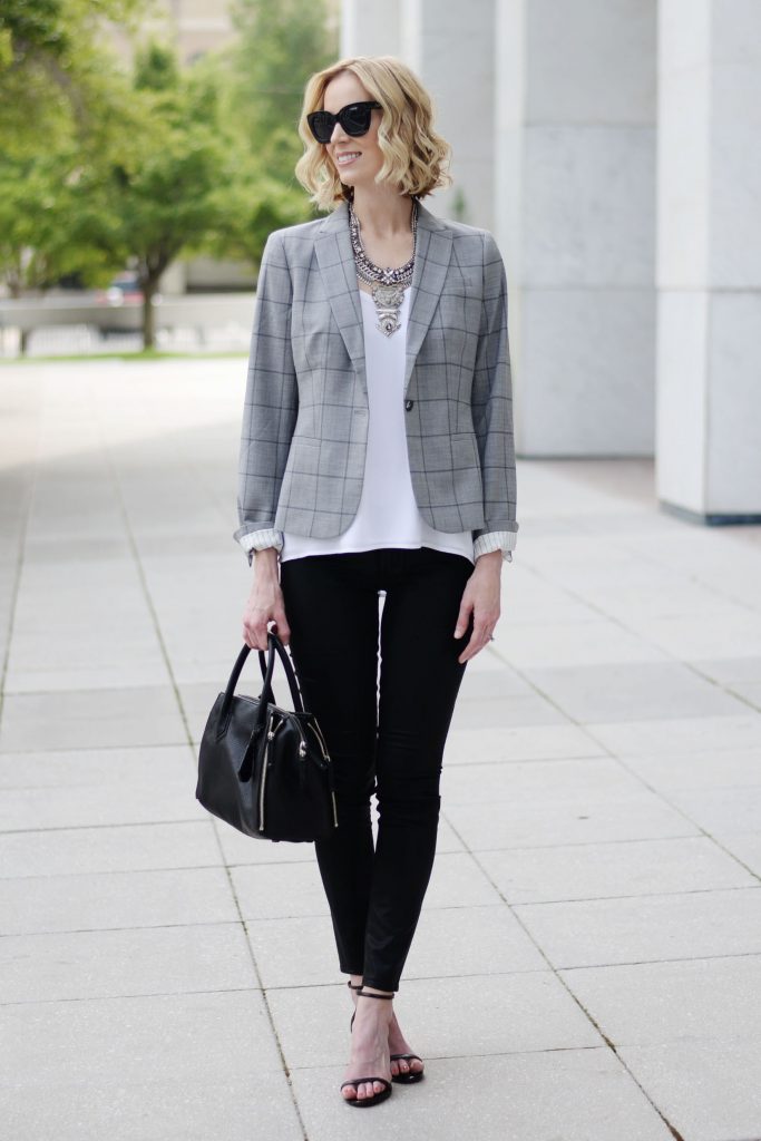 tips on styling a grey windowpane blazer, white cami, coated jeans, black denim, heeled black sandals, statement silver necklace, banana republic