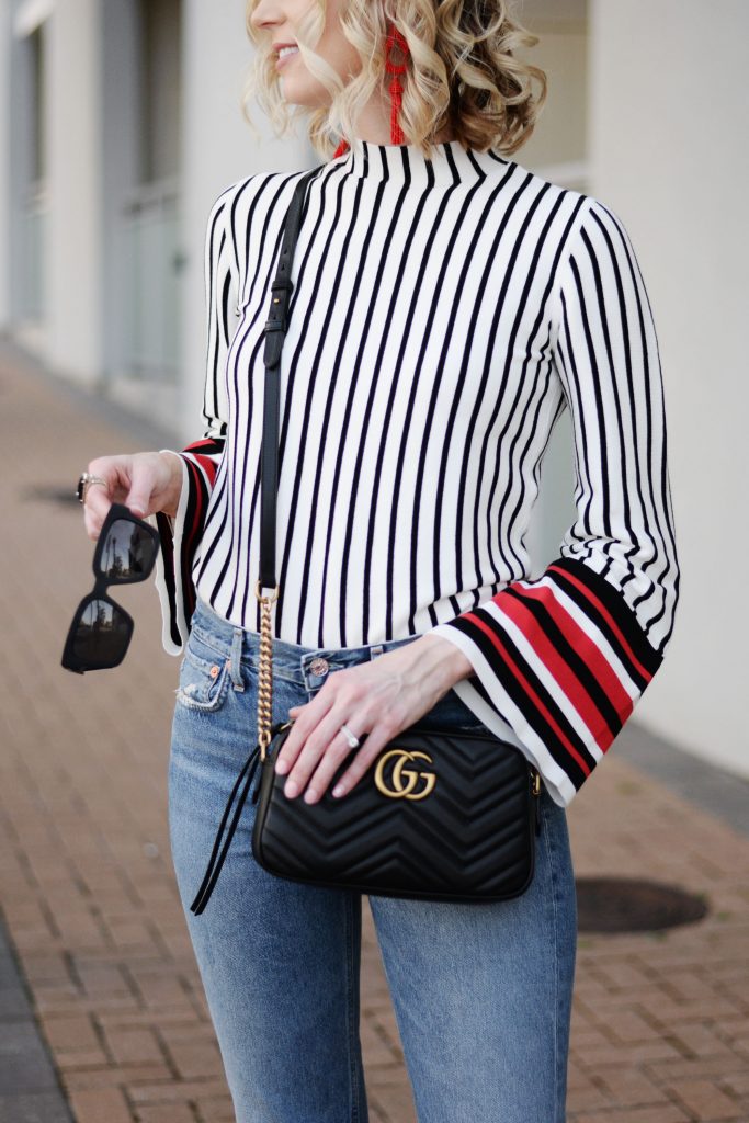 bell sleeve striped top with Gucci marmont bag