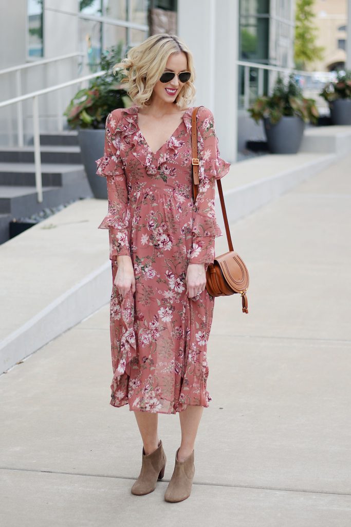 floral midi dress with ruffles