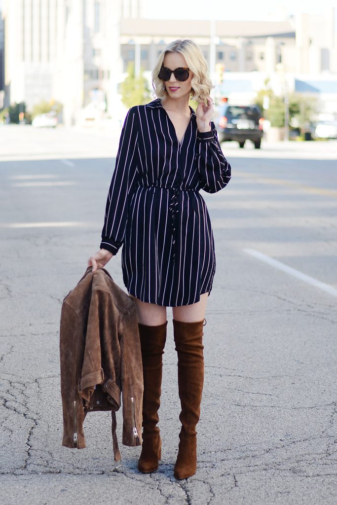 pinstripe satin cinched waist dress with OTK boots