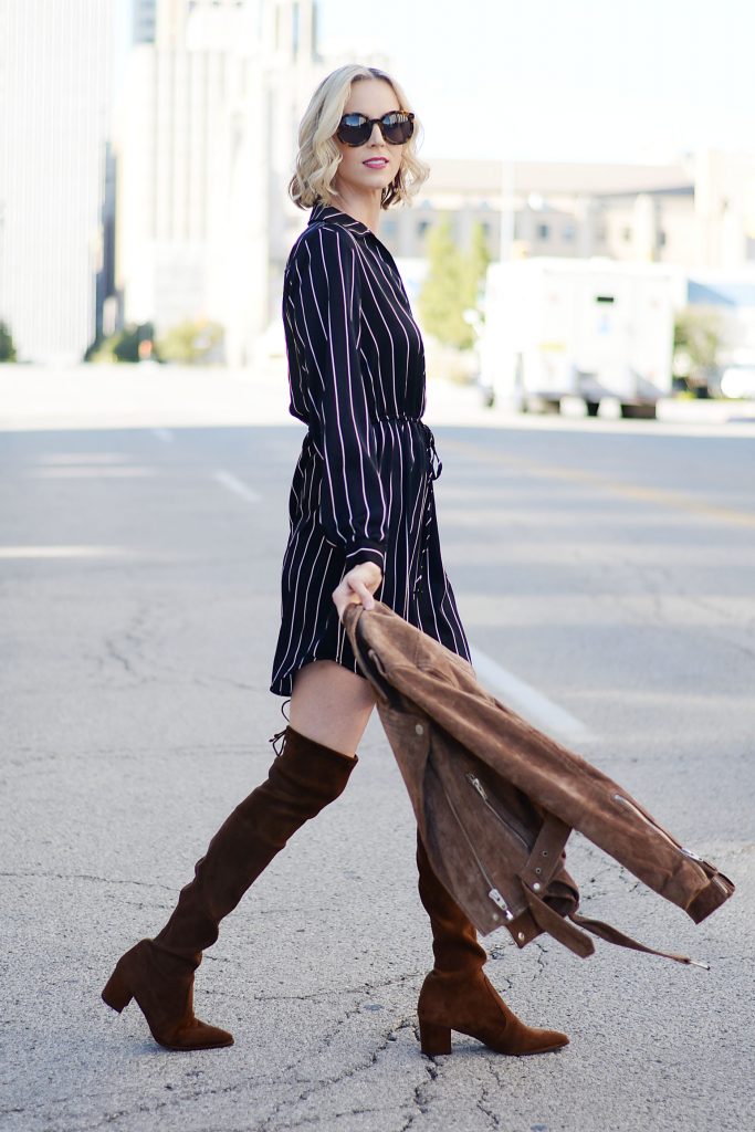 navy tie waist dress and boots, dress that goes with everything