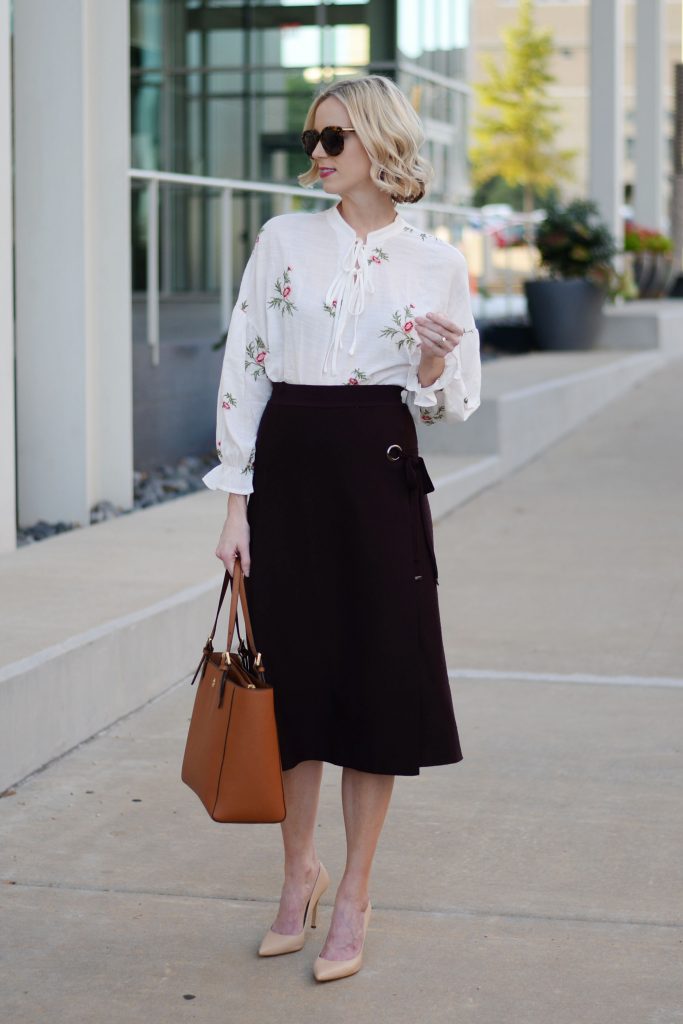 the perfect fall work outfit, midi skirt and blouse with heels