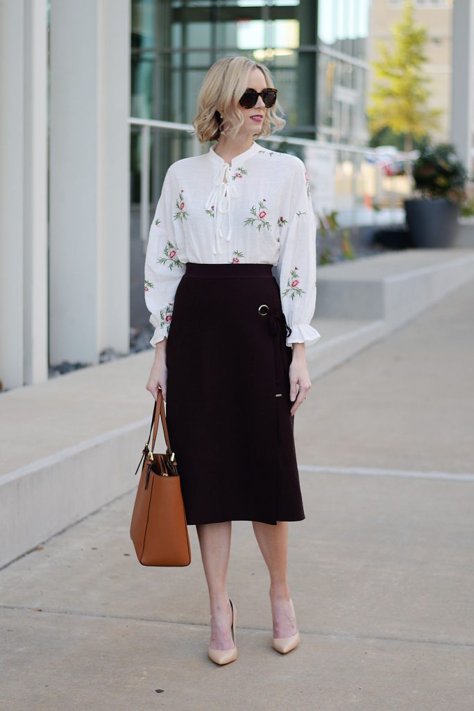 fall work outfit idea, how to style a midi skirt for work