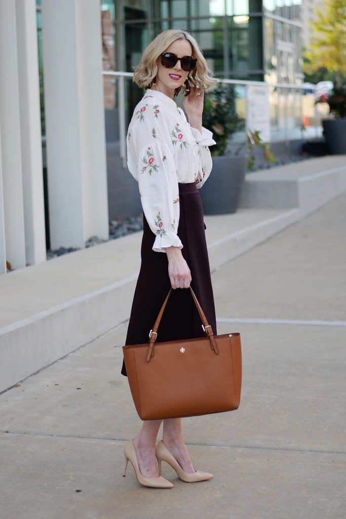 burgundy midi skirt and blouse