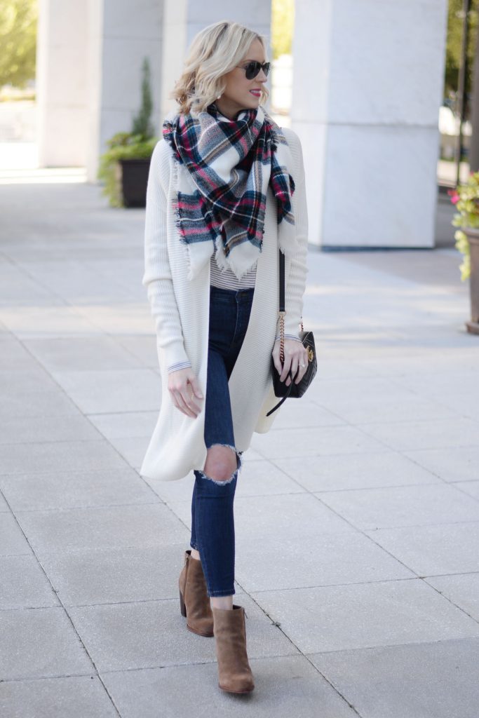 fall basics, cardigan, jeans, boots, scarf, and tee