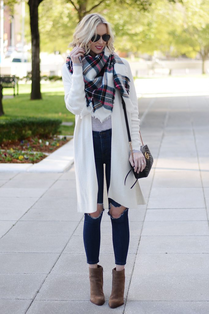 cream cardigan, striped t-shirt, plaid blanket scarf, distressed jeans, ankle booties