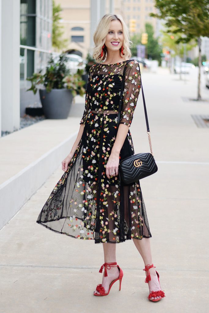 the perfect fall cocktail dress, embroidered floral midi dress with sheer detailing