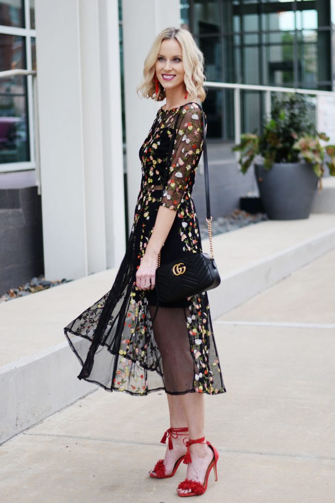 dressy outfit idea for cooler months, what to wear to a cocktail party, long sleeved midi dress, floral embroidered dress with sheer detailing