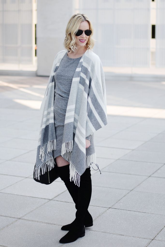 neutral fall outfit idea, dress with poncho and over the knee boots